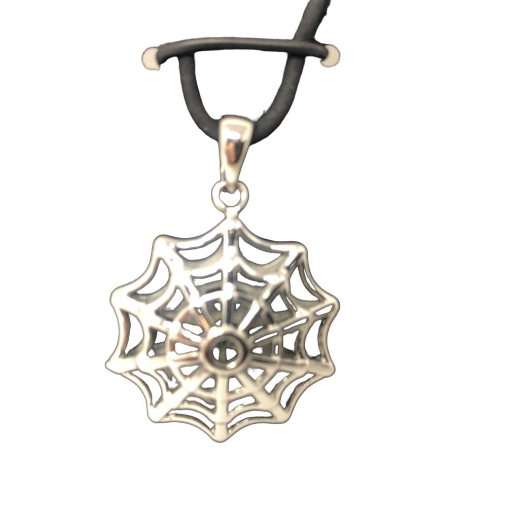 Spiderweb Silver Pendant Necklace w Black Cord Goth Punk Witchy Horror Halloween